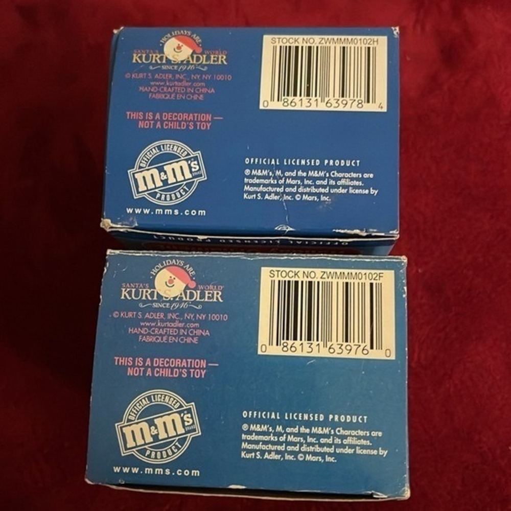 Vintage M&M's Holiday Ornaments Blue and Orange Characters Set of 2 in Box - Picture 10 of 11